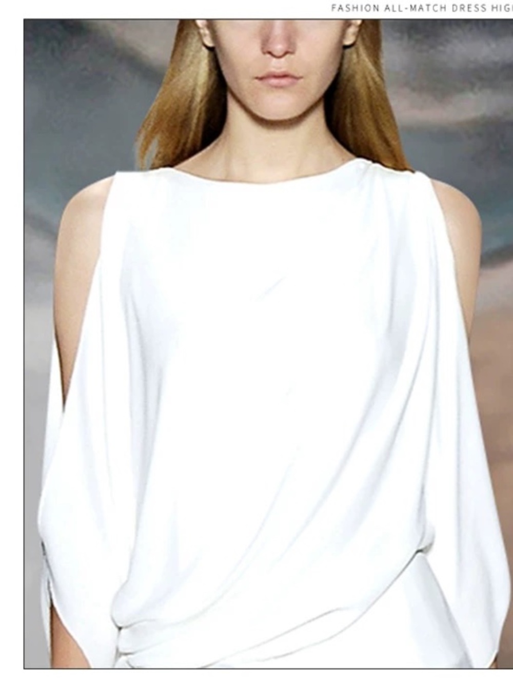 White Cold Shoulder Ruched Draped Mini Dress Elegant Cocktail & Party Dress - Picture 2 of 4